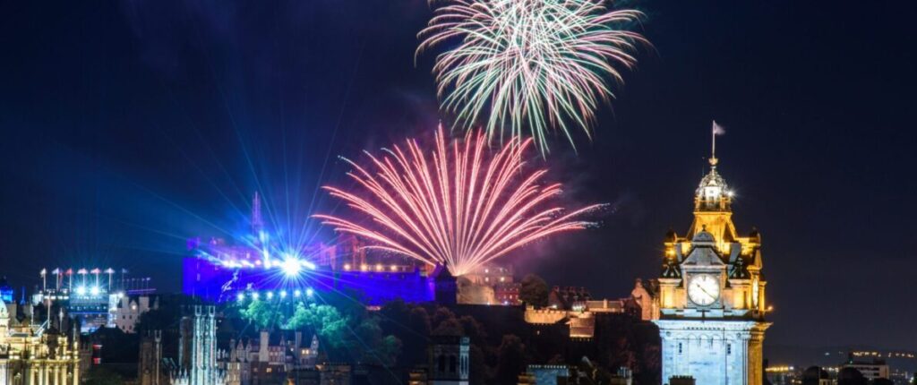 Edinburgh skyline at Hogmanay with fireworks