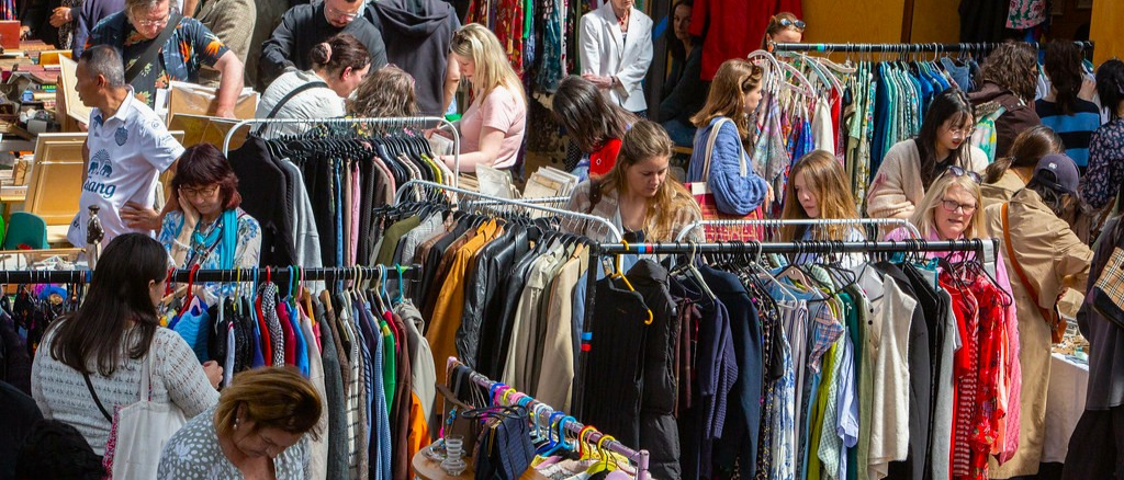 Busy stalls at Out of the Blue's Flea Market at Drill Hall in Edinburgh