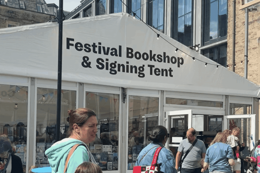 bookshop and signing tent front at the Edinburgh Book Festival